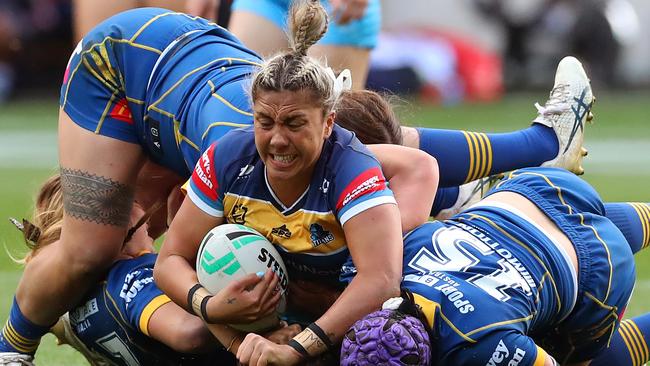 MELBOURNE, AUSTRALIA - SEPTEMBER 10: Shannon Mato of the Titans is tackled during the round four NRLW match between Gold Coast Titans and Parramatta Eels at AAMI Park, on September 10, 2022, in Melbourne, Australia. (Photo by Kelly Defina/Getty Images)