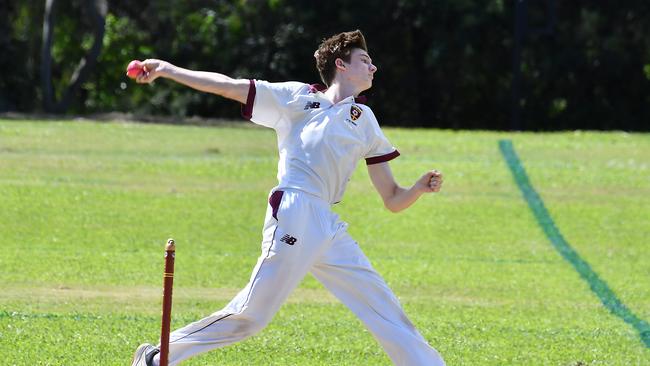 St Peters bowler Curtis Beevers AIC First XI cricket between St Peters and Marist College Ashgrove. Saturday March 12, 2022. Picture, John Gass