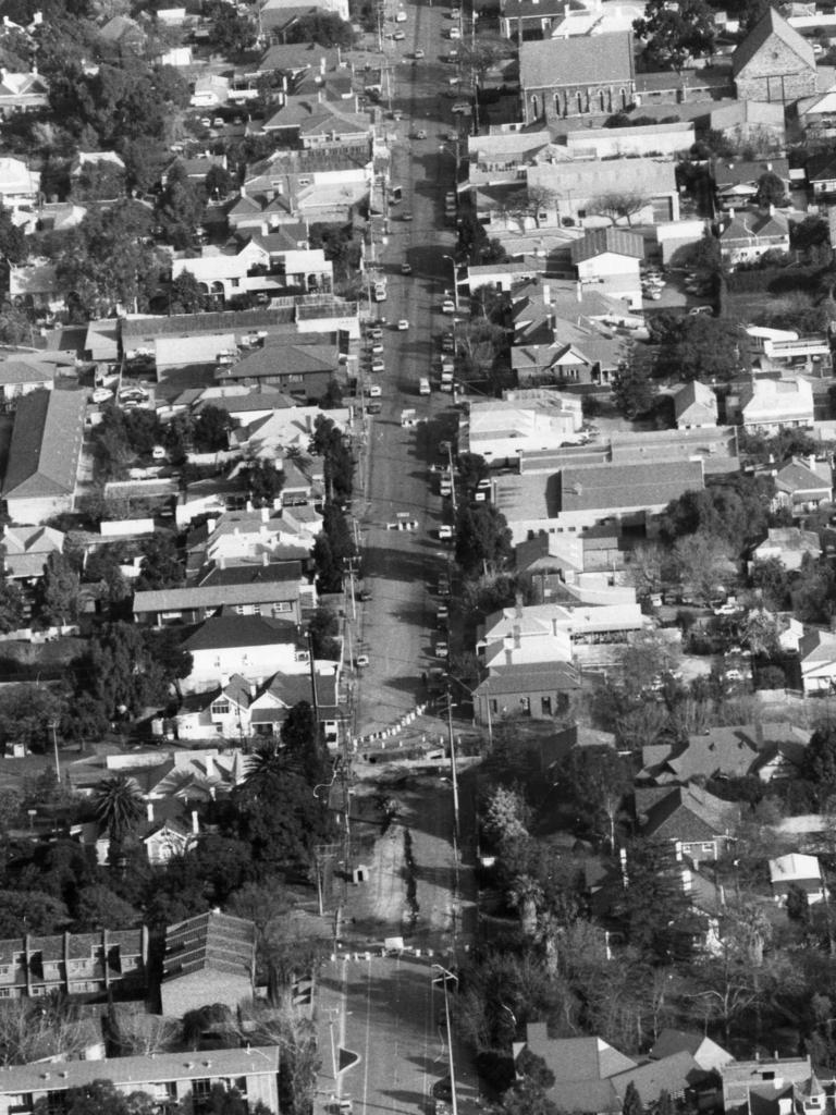 Aerial view showing roadworks on King William Rd on July 30, 1985. Source: File