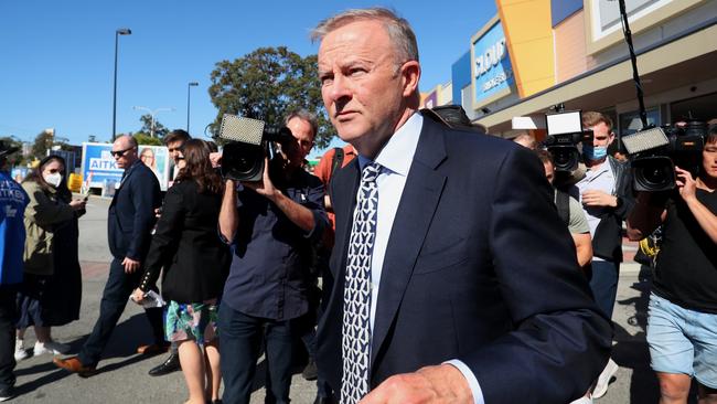 Labor leader Anthony Albanese visits a pre-polling booth in the suburb of Wanneroo, on May 16 in Perth. (Photo by Lisa Maree Williams/Getty Images