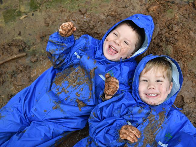 26/6/20. Harvey, 5 and Owen Gill, 3 get muddy for fun in the lead up to International Mud Day (Monday June 29). Picture: Keryn Stevens