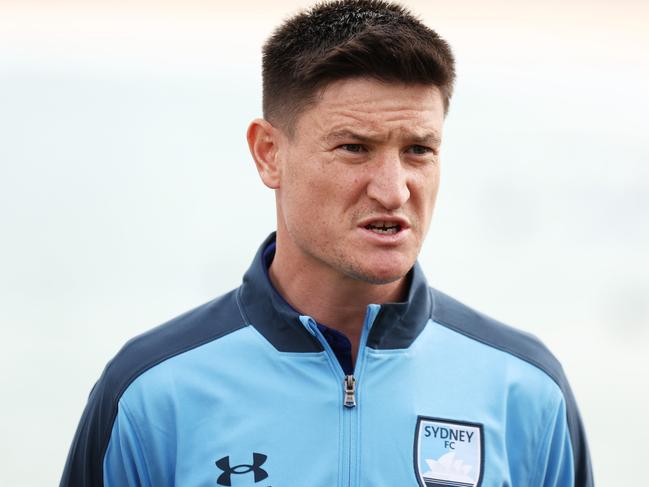 SYDNEY, AUSTRALIA - AUGUST 15:  Joe Lolley speaks to the media during a Sydney FC A-League player announcement at Bondi Beach on August 15, 2022 in Sydney, Australia. (Photo by Matt King/Getty Images)