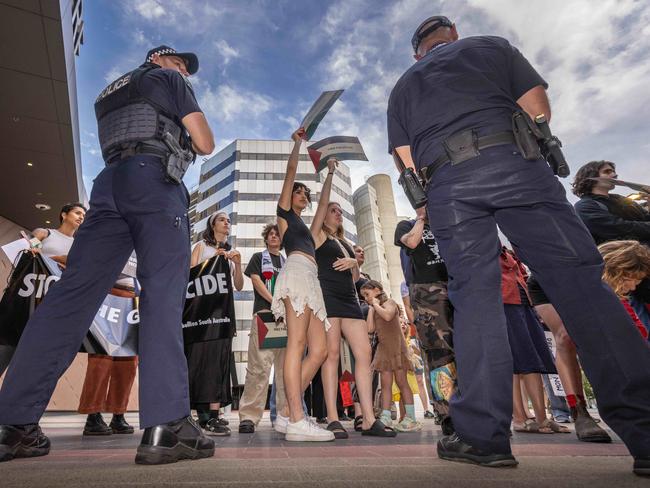 POLICE. The Prime Minister, Anthony Albanese. Protest out front. Adelaide Convention Centre. NORTH TERRACE. Adelaide CBD. Thursday 29th February 2024. Picture: Ben Clark