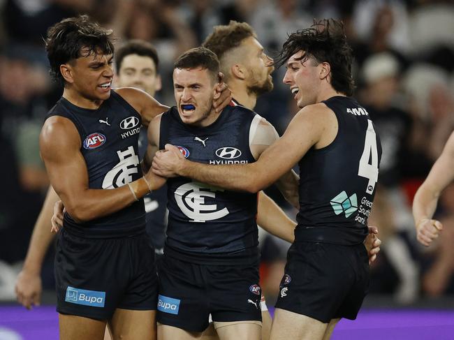 NCA. MELBOURNE, AUSTRALIA. August 25,   2024. AFL Round 24. Carlton vs St Kilda at Marvel Stadium.   Orazio Fantasia of the Blues celebrates a 3rd quarter goal   . Pic: Michael Klein