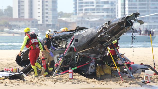 The aftermath of the fatal helicopter crash on the Broadwater next to Sea World on the Gold Coast.