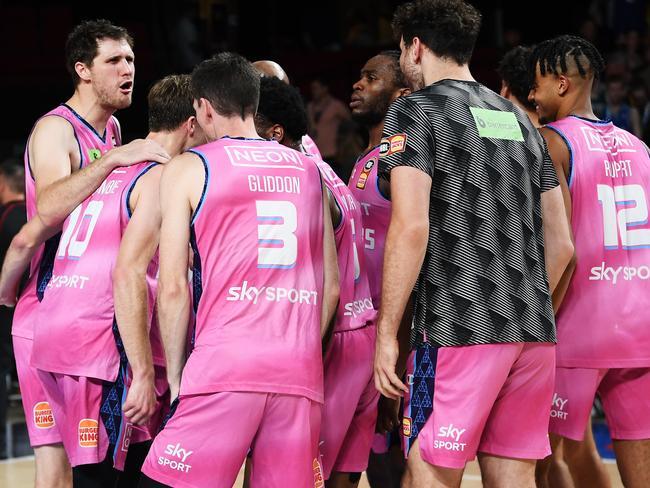 The Breakers celebrate surviving the 36ers late charge. Picture: Mark Brake/Getty Images