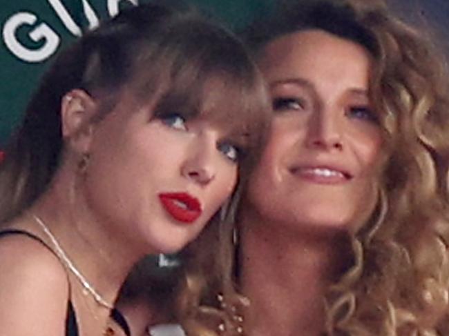 LAS VEGAS, NEVADA - FEBRUARY 11: Rapper Ice Spice, singer Taylor Swift and actress Blake Lively prior to Super Bowl LVIII between the San Francisco 49ers and Kansas City Chiefs at Allegiant Stadium on February 11, 2024 in Las Vegas, Nevada. (Photo by Steph Chambers/Getty Images)