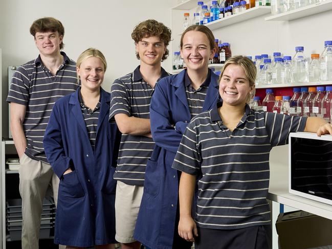 Year 12 students, James Bradley, 17, Mackenzie Weaver, 17, Oscar Mitchell, 18, Sarah Ninio, 18, and Emerson McClurg, 18 at Pulteney Grammar School in Adelaide, after their chemistry exam, Wednesday, Nov. 6, 2024. Picture: Matt Loxton