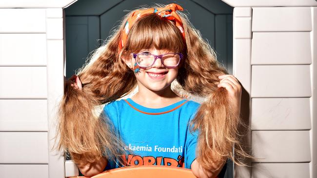 Billie Lewis 5, is in the Australian Top 10 highest donors for World's Greatest Shave having raised more than $10,000. Picture: Alix Sweeney