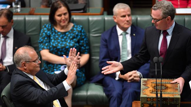 Prime Minister Scott Morrison (left) and Leader of the House Christopher Pyne (right) during Question Time in the House of Representatives at Parliament House in Canberra, Wednesday, February 20,  2019. AAP Image/Dean Lewins) NO ARCHIVING