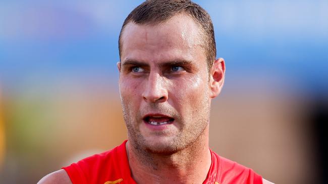 GOLD COAST, AUSTRALIA - MARCH 09: Jarrod Witts of the Suns looks on at the quarter time break during the 2024 AFL Opening Round match between the Gold Coast SUNS and the Richmond Tigers at People First Stadium on March 09, 2024 in Gold Coast, Australia. (Photo by Dylan Burns/AFL Photos via Getty Images)