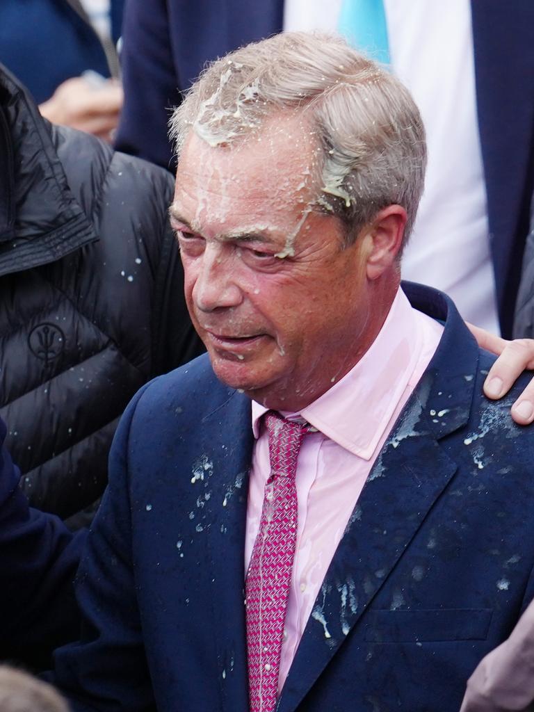 Farage was drenched with banana milkshake from McDonald’s. (Photo by Carl Court/Getty Images)