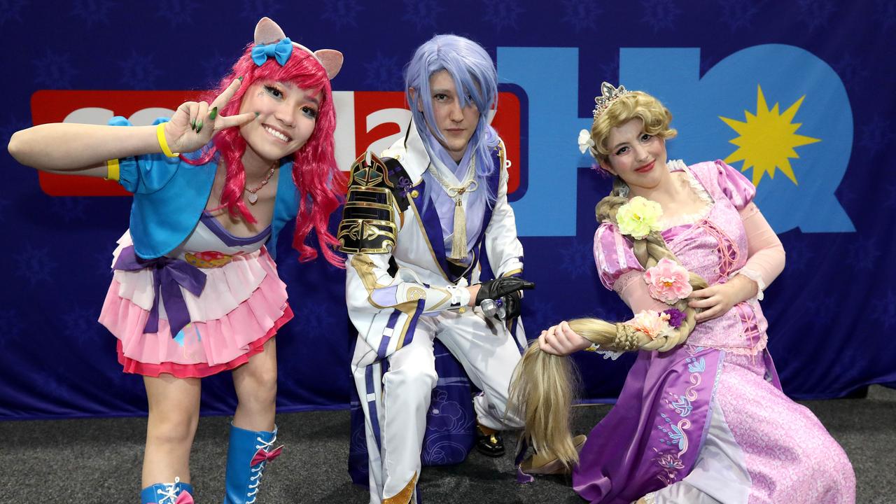 Supanova Comic Con at Adelaide Showground. Naomi Tang (Pinky Pie), Brayden Schwartz (Ayato) and Jasmine Straka (Rapunzel). Picture: Dean Martin