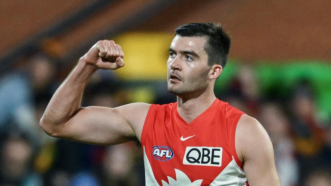 ADELAIDE, AUSTRALIA - JUNE 15:  Logan McDonald of the Swans  celebrates a goal  during the round 14 AFL match between Adelaide Crows and Sydney Swans at Adelaide Oval, on June 15, 2024, in Adelaide, Australia. (Photo by Mark Brake/Getty Images)