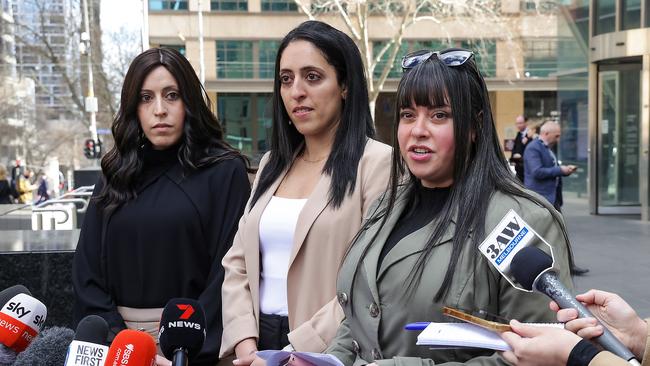 Sisters Nicole Meyer , Elly Sapper and Dassi Erlich outside the County Court after their former teacher Malka Leifer was sentenced to 15 years in prison. Picture: NCA NewsWire / Ian Currie