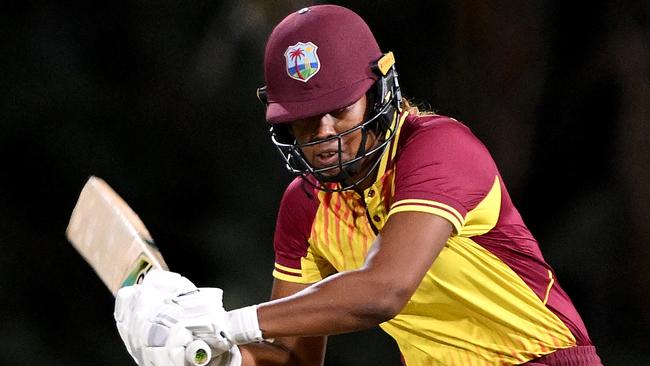 BRISBANE, AUSTRALIA - OCTOBER 05: Hayley Matthews of the West Indies plays a shot during game three of the T20 international series between Australia and the West Indies at Allan Border Field on October 05, 2023 in Brisbane, Australia. (Photo by Bradley Kanaris/Getty Images)