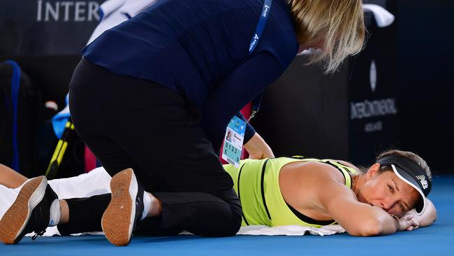 Danielle Collins received treatment during the epic clash. Picture: Mark Brake/Getty