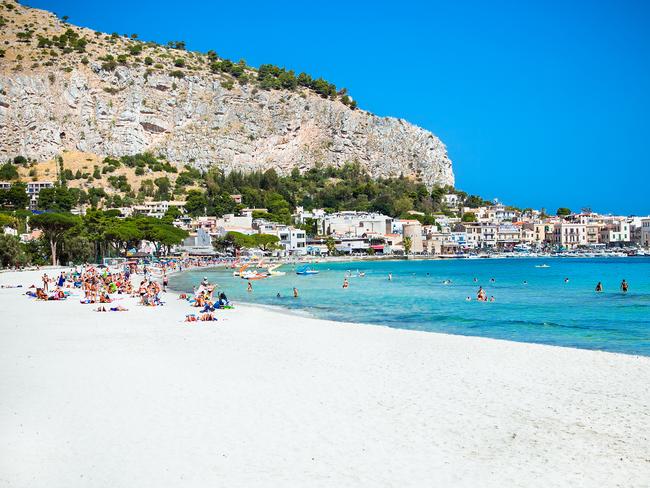 Mondello white sand beach in Palermo, Sicily. Italy.