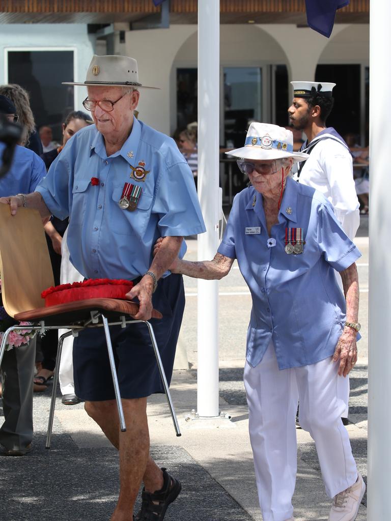 War veterans Neville O'Brien and Val Veivers at the Remembrance Day commemorations at the Cairns Cenotaph PICTURE: ANNA ROGERS