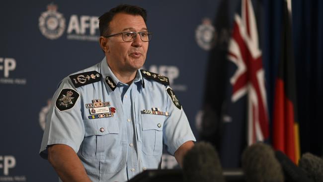 AFP Commissioner Reece Kershaw makes a statement on the Medibank breach. Picture: Martin Ollman