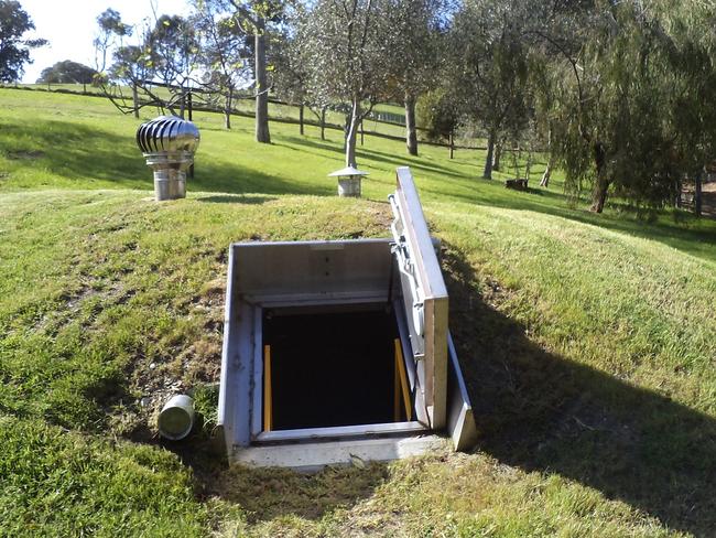 The entrance to one of the bushfire bunkers, which can hold up to six people.