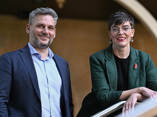 23/7/2024: Queensland Greens MPs Amy MacMahon and Michael Berkman , at the QLD Parliament House, Brisbane. Greens could hold the balance of power after the upcoming Queensland election on October 26. pic: Lyndon Mechielsen/The Australian