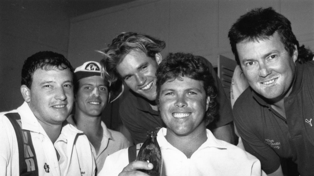 Queensland captain Greg Ritchie (front) and teammatesincluding Mick Polzin, Michael Kasprowicz, Geoff Foley and Peter Clifford.