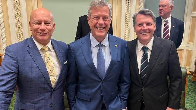 LNP MPs Tim Nicholls (centre), Christian Rowan (right) and Steve Minnikin on Wednesday morning at Queensland parliament, before Nicholls fell ill. Picture: Facebook.