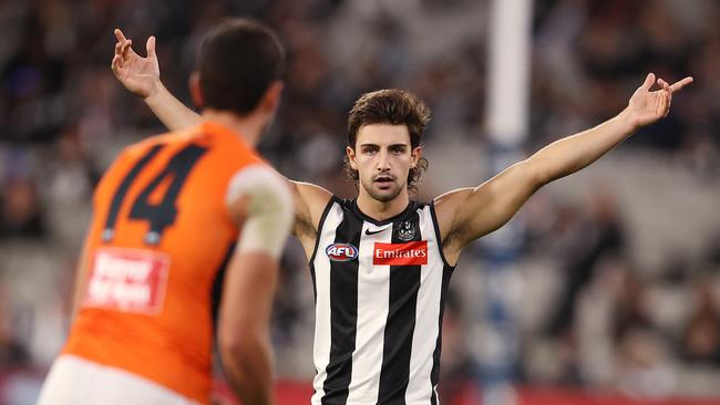 Don’t move, Josh! Collingwood’s Daicos stands the mark. Picture: Michael Klein