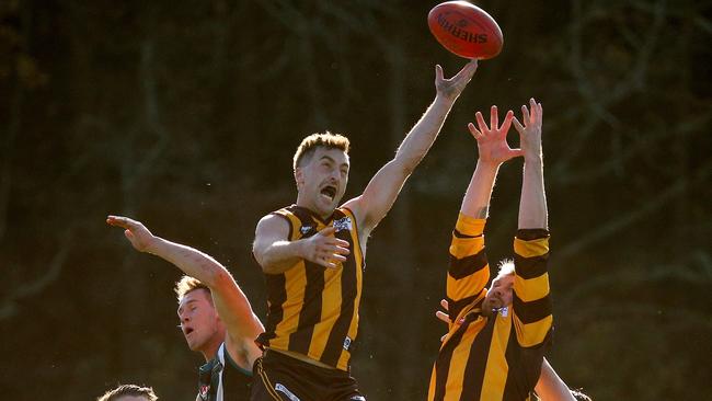 Nick Paton flies high for Heidelberg West. Picture: Hamish Blair