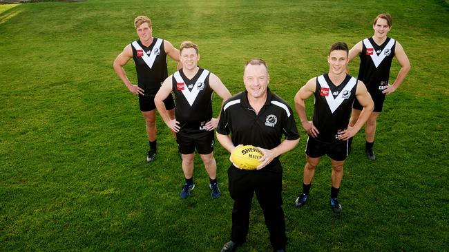 Liam Hay, Reece Carlson (junior president), Adam Box (club president), Ethan Maney and Charlie Box from Mid South Eastern Football League club Kalangadoo. Picture: Frank Monger