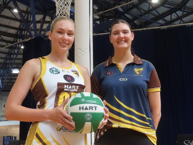 Hawks shooter Dani Laugher with under-19 co-coach Gemma Poke at the Silverdome on Thursday. Picture: Jon Tuxworth