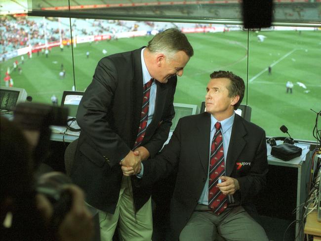 Sandy Roberts with Bruce McAvaney after calling the 2001 grand final — the last match before Channel 7 lost the AFL rights.