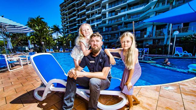 Currumbin Rocks Resort manager Joel Peterson, with his children Mabel, 6 and Eadie, 10, is among tourism operators hit by the new Queensland border closure. Picture: Nigel Hallett