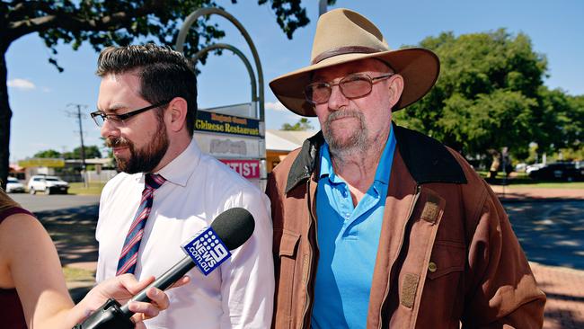 Gardener Owen Laurie (brown jacket) leaves the Katherine Local Court after giving evidence. The inquest into the disappearance of Paddy Moriarty from Larrimah continues for a second day at the Katherine Local Court Picture: MICHAEL FRANCHI