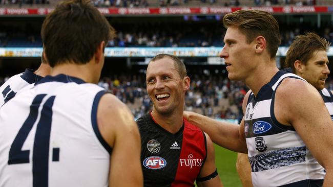 James Kelly with former Geelong teammates Andrew Mackie and Mark Blicavs. Picture: Wayne Ludbey