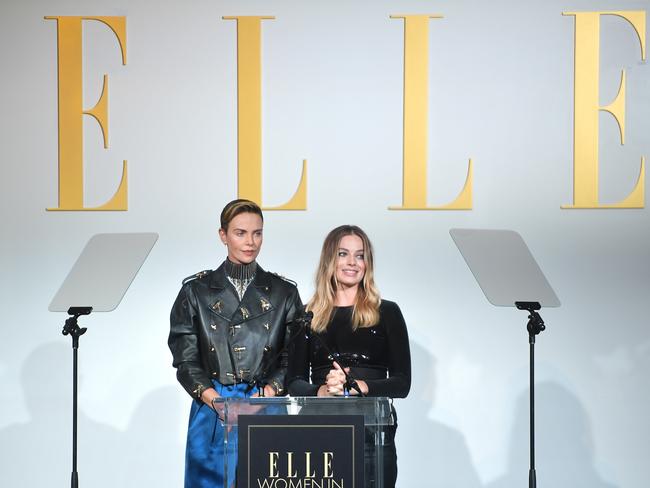 Charlize Theron and Margot Robbie introduced Nicole Kidman at the Four Seasons Hotel in Los Angeles. Picture: Getty Images