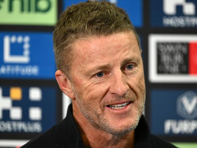 MELBOURNE, AUSTRALIA - MAY 23: Damien Hardwick the coach of the Tigers speaks to the media where he announced his retirement during a Richmond Tigers AFL press conference at Punt Road Oval on May 23, 2023 in Melbourne, Australia. (Photo by Quinn Rooney/Getty Images)