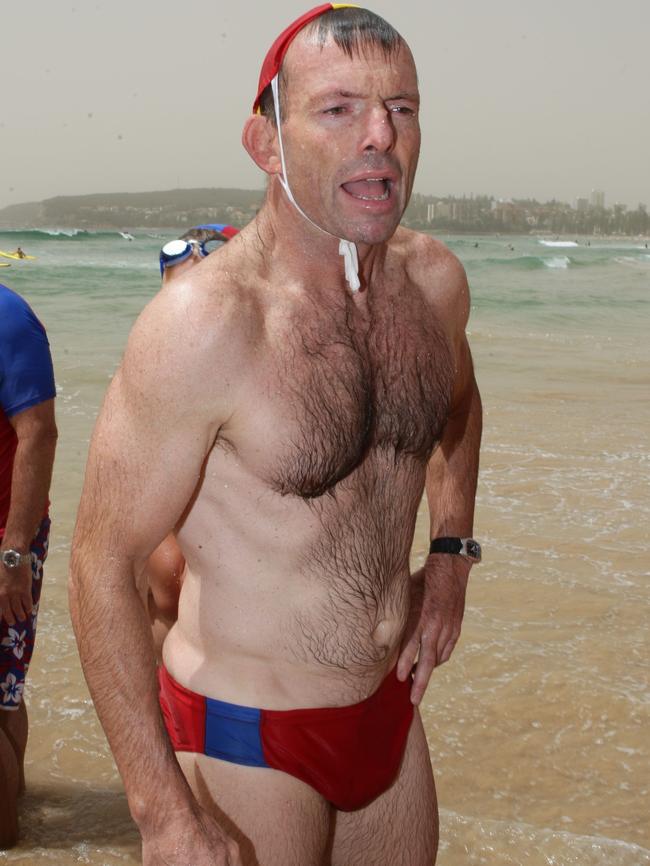 Tony Abbott taking part in a surf patrol at Queenscliff Surf Club wearing his Budgy Smugglers.