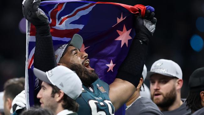 NEW ORLEANS, LOUISIANA - FEBRUARY 09: Jordan Mailata #68 of the Philadelphia Eagles celebrates after beating the Kansas City Chiefs 40-22 to win Super Bowl LIX at Caesars Superdome on February 09, 2025 in New Orleans, Louisiana. (Photo by Emilee Chinn/Getty Images)