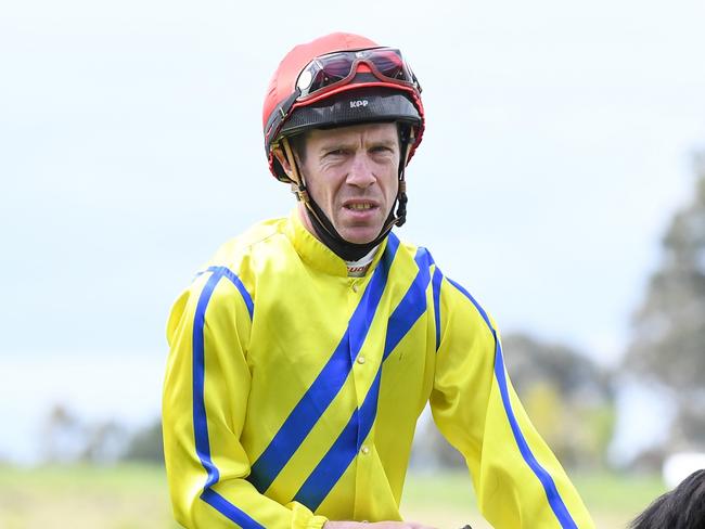 Kwoi Hoi ridden by John Allen returns to the mounting yard after winning  the Hygain Maiden Plate at Kyneton Racecourse on October 12, 2021 in Kyneton, Australia. (Pat Scala/Racing Photos via Getty Images)