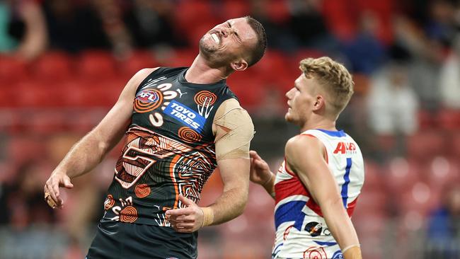 SYDNEY, AUSTRALIA - MAY 18: Kieren Briggs of the Giants reacts after a missed kick on goal during the round 10 AFL match between Greater Western Sydney Giants and Western Bulldogs at ENGIE Stadium, on May 18, 2024, in Sydney, Australia. (Photo by Cameron Spencer/Getty Images)