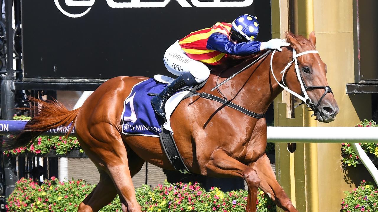 Jamie Kah rides Nature Strip to victory in the Black Caviar Lightning at Flemington. Picture: Reg Ryan/Getty Images