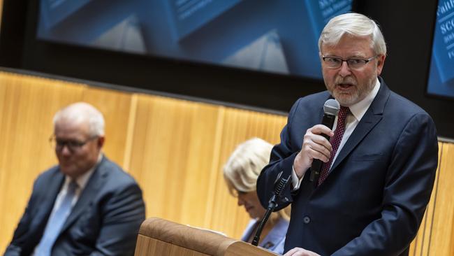 Kevin Rudd speaks during an event promoting Scott Morrison’s new book.