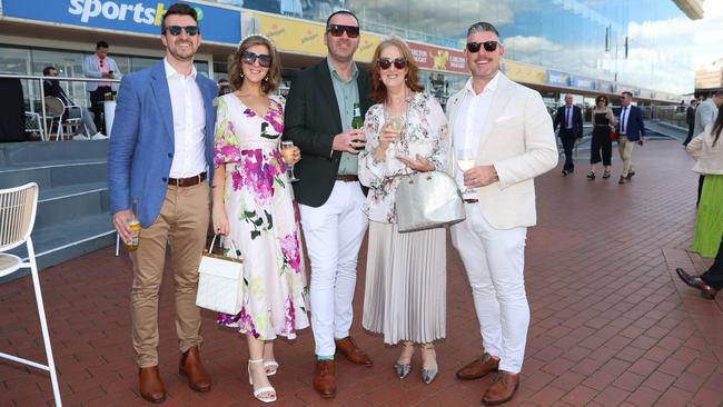 MELBOURNE, AUSTRALIA – OCTOBER 16 2024 Kat, Phil, Helen, John and Marc at the Caulfield Social race day at Caulfield racecourse on Wednesday 16th October, 2024 Picture: Brendan Beckett