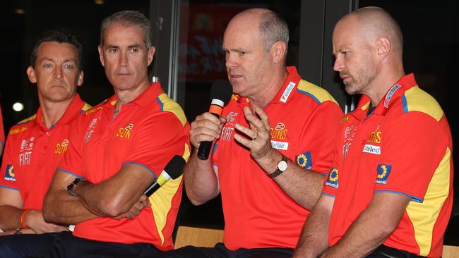 Rodney Eade (second from right) and Marcus Ashcroft (second from left) speak at the Suns’ members forum on Tuesday night. Picture: Regi Varghese