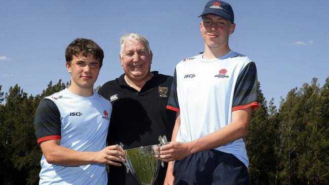 Team Ella co-captains Henri Dempsey and Tahj Smith with Camden Rugby Club President Richard Old.