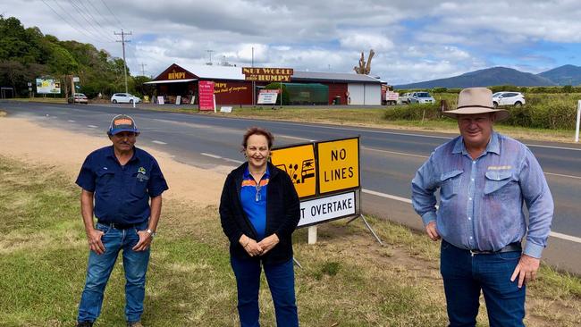 Walkamin resident Tony Villella and Giovanna Griffiths, who owns The Humpy in Tolga, talk to Hill MP Shane Knuth about include more turning lanes in the proposed Kennedy Highway works. PIC: Sarah Nicholson