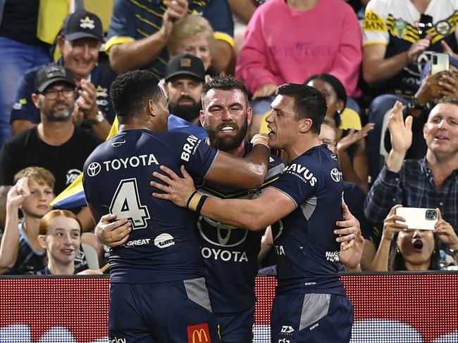 Kyle Feldt scored a hat-trick as the Cowboys secured a rare win over the Sharks at home. Picture: Getty Images