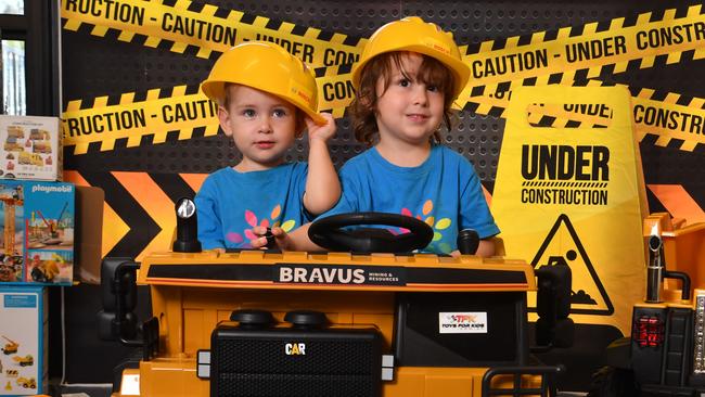 Lachlan, 2, and William Prenter, 4, with new toys from Bravus Mining. Picture: Evan Morgan